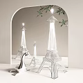 Eiffel Tower Shaped Silver Metal Floor Lamp in Minimalist Interior With Mirror Reflection Green Leaves