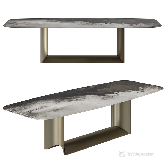 Modern Sleek Dining Table With Ink-like Marble Surface And Brass Legs 3d model