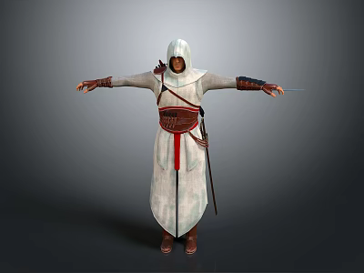 Hooded Assassin Character In White Robe With Red Sash And Sword Arms Outstretched 3d model