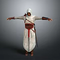Hooded Assassin Character In White Robe With Red Sash And Sword Arms Outstretched