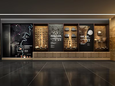Classic Exhibition Hall Interior With Display Cabinets Wall Maps And Cultural Relics 3d model