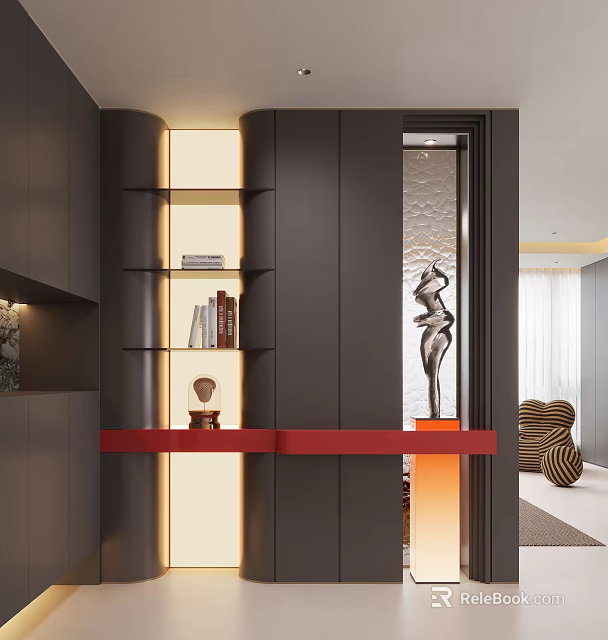 Modern Luxury Entryway With Black Cabinets Bookshelf Red Countertop Sculpture And Lighting Design 3d model 