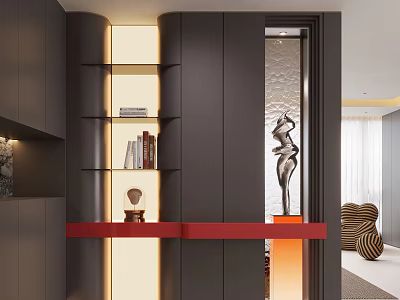 Modern Luxury Entryway With Black Cabinets Bookshelf Red Countertop Sculpture And Lighting Design 3d model