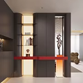 Modern Luxury Entryway With Black Cabinets Bookshelf Red Countertop Sculpture And Lighting Design