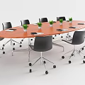 Round Wooden Conference Table With Black Office Chairs Notebooks And Small Plants