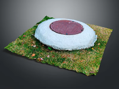 Red Manhole Cover On Green Grass With Concrete Border And Scattered Fallen Leaves 3d model