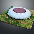 Red Manhole Cover On Green Grass With Concrete Border And Scattered Fallen Leaves