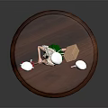 Game Movie Character in White Chef Hat Green Outfit Holding Wooden Hammer With Small Figures on Wooden Base