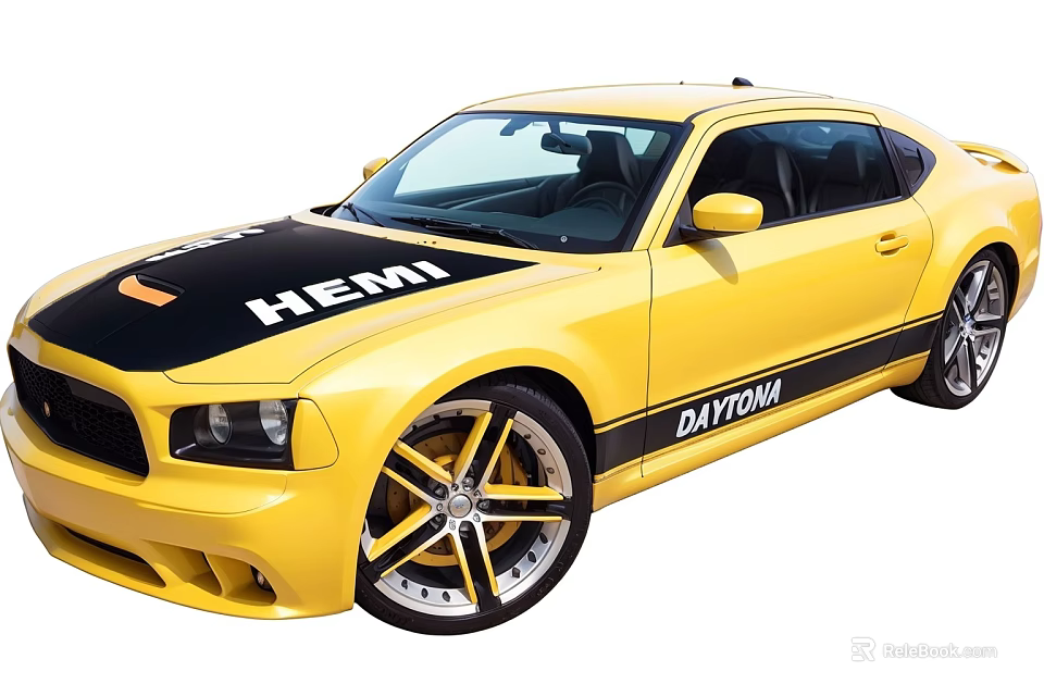 Yellow HEMI DAYTONA Two Door Muscle Car With Black Hood And Sporty Wheels 3d model 