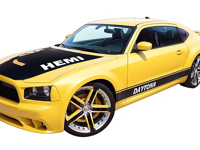 Yellow HEMI DAYTONA Two Door Muscle Car With Black Hood And Sporty Wheels 3d model