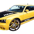 Yellow HEMI DAYTONA Two Door Muscle Car With Black Hood And Sporty Wheels