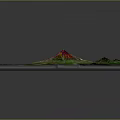3D Volcanic Terrain Rendering With Central Red Crater Surrounded By Green Vegetation And Blue Water