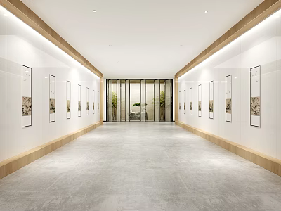 Spacious Modern Hallway Interior With White Walls Paintings On Both Sides And Glass Doors 3d model