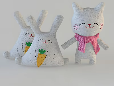 Adorable Plush Stuffed Toys Rabbit And Cat With Carrot Design And Pink Scarf 3d model