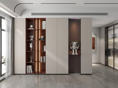 Modern Spacious Interior With Beige Display Cabinet Decorative Sculptures And Books 3d model