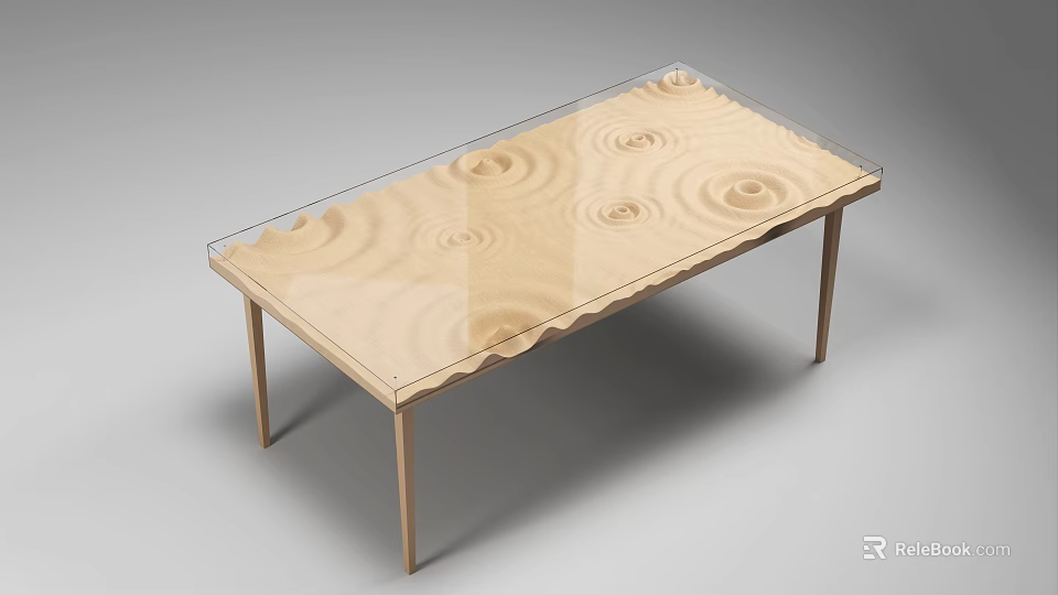 Modern Wooden Dining Table With Ripple Pattern Surface And Simple Slim Leg Design 3d model