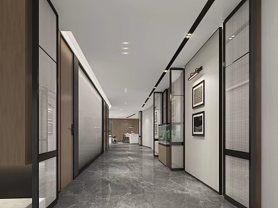 Modern Office Corridor Design With Glass Partitions Wooden Elements Recessed Lighting And Marble Flooring 3d model