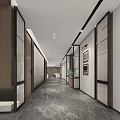 Modern Office Corridor Design With Glass Partitions Wooden Elements Recessed Lighting And Marble Flooring