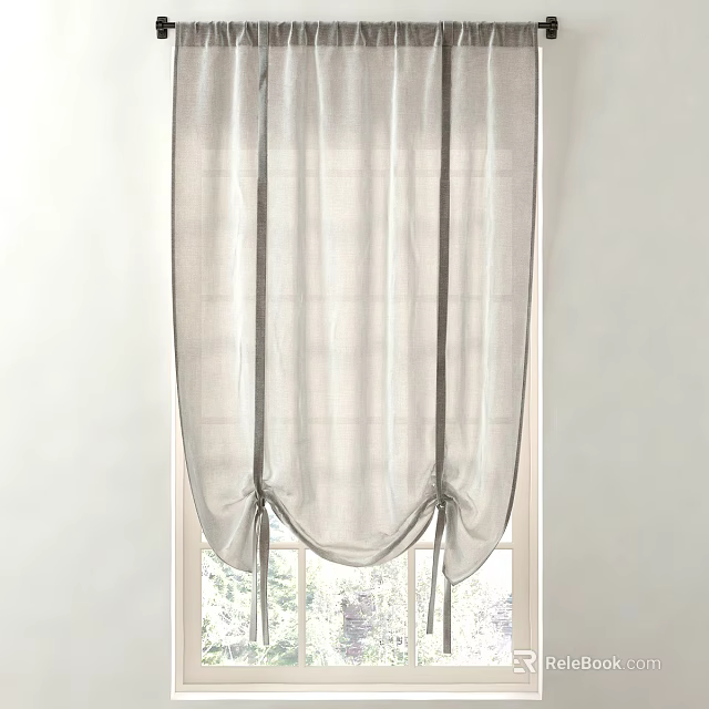 Light Gray Sheer Linen Curtain Tied At Window For Modern Home Decor 3d model 