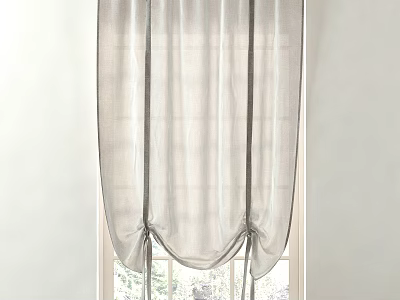 Light Gray Sheer Linen Curtain Tied At Window For Modern Home Decor 3d model
