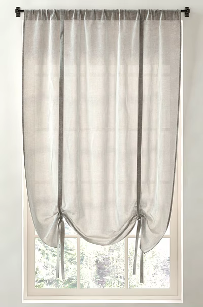 Light Gray Sheer Linen Curtain Tied At Window For Modern Home Decor 3d model