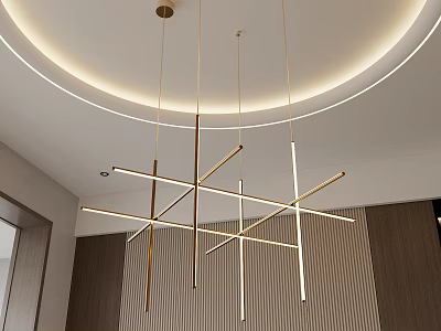 Minimalist Golden Metal Cross Linear Chandelier With Circular Ceiling Lighting And Wooden Walls 3d model