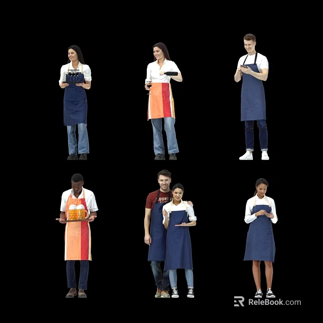 Multiple People Wearing Aprons Preparing Food With Cooking Tools 3d model 