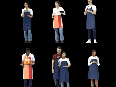 Multiple People Wearing Aprons Preparing Food With Cooking Tools 3d model