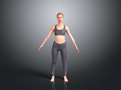 A Woman Wearing Grey Sports Bra And Leggings Standing With Arms Outstretched Against Grey Background 3d model
