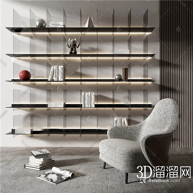 Modern Accent Chair with Glass Shelves Books Decorations Lighting and Stacked Books on Gray Carpet 3d model 