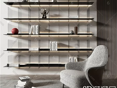 Modern Accent Chair with Glass Shelves Books Decorations Lighting and Stacked Books on Gray Carpet 3d model