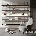 Modern Accent Chair with Glass Shelves Books Decorations Lighting and Stacked Books on Gray Carpet