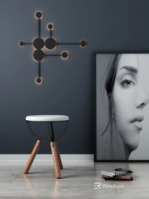 White Seat Stool With Wooden Legs On Gray Wall Near Black Circular Decor And Portrait 3d model 