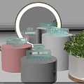 Display Shelves With Round Pink Grey White Pedestals Transparent Acrylic Cases Mirror And Green Plants