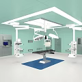 Surgical Operating Room Featuring Light Green Walls Ceiling Surgical Lights Operating Table And Blue Mat