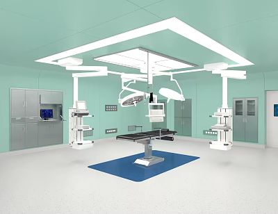 Surgical Operating Room Featuring Light Green Walls Ceiling Surgical Lights Operating Table And Blue Mat 3d model
