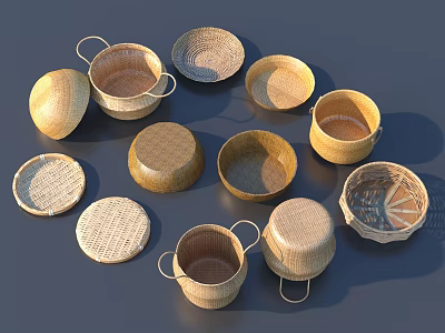 Handwoven Wicker Household Items With Various Shapes Baskets Bowls And Lids 3d model