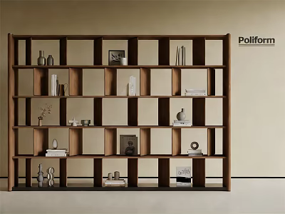 Modern Wooden Bookshelf With Grid Compartments And Decorative Vases Books Photo Frames 3d model