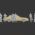 Yellow Sedan Car Surrounded by Standing People Figures in Model 3d model