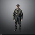 Man in Distressed Work Jacket and Torn Pants Standing Against Gray Background