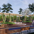 Modern Unique Pergola With Transparent Curved Roof Green Plants And Bicycle Path On Wooden Deck