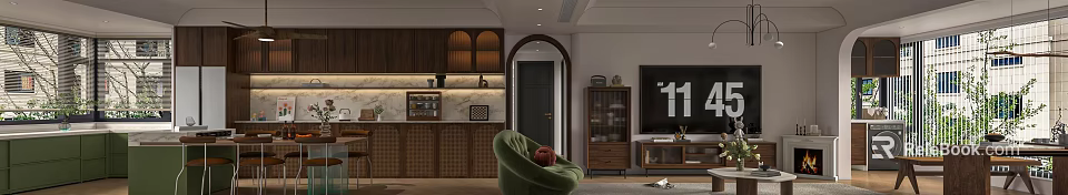 Cozy Vintage Living And Dining Space With Arched Design And Classic Walnut Storage Cabinets 3d model 