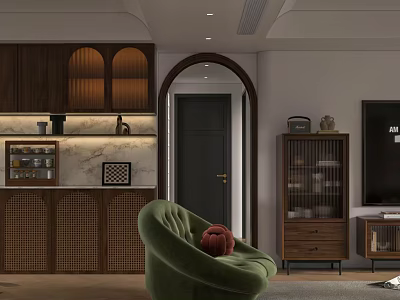 Cozy Vintage Living And Dining Space With Arched Design And Classic Walnut Storage Cabinets 3d model