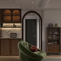 Cozy Vintage Living And Dining Space With Arched Design And Classic Walnut Storage Cabinets