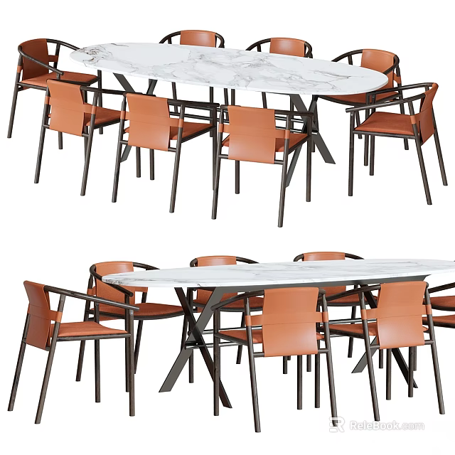 Modern Dining Room Table And Chairs With Marble Tabletop And Brown Leather Seats 3d model 