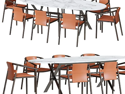 Modern Dining Room Table And Chairs With Marble Tabletop And Brown Leather Seats 3d model