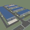 Large Industrial Factory Complex With Multiple Blue Roof Buildings And Green Surroundings