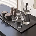 Cups On Black Tray Including Coffee Cups Glass Cups And Glass Carafe By Window Blinds