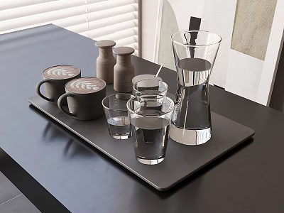 Cups On Black Tray Including Coffee Cups Glass Cups And Glass Carafe By Window Blinds 3d model