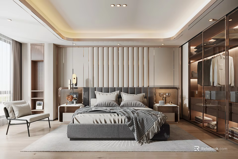 Modern Bedroom Interior Design With Upholstered Bed Bedside Tables Built in Wardrobe And Accent Chair 3d model 